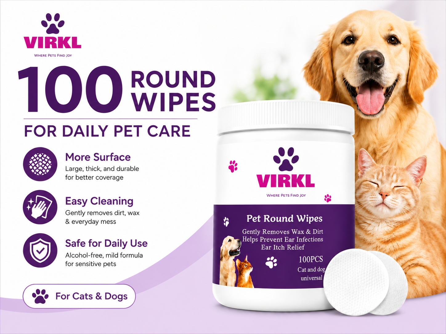 Round Ear & Eye Cleaning Wipes - Gentle Soothing Wipes for Dogs & Cats
