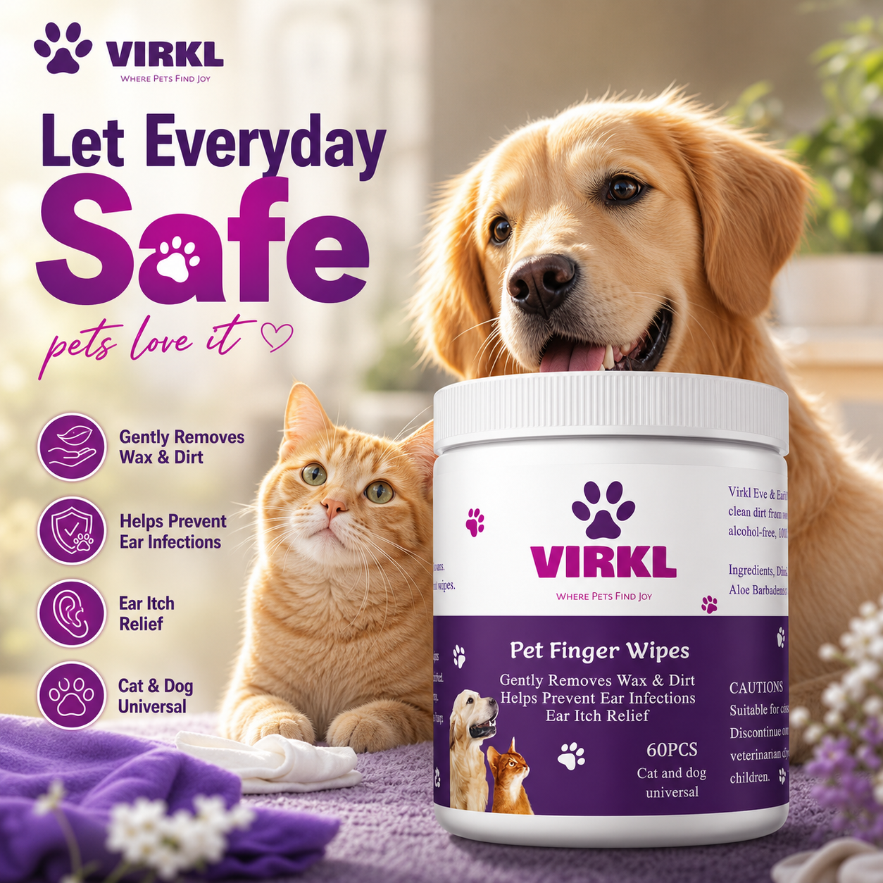 Finger Ear & Eye Cleaning Wipes - Gentle Soothing Wipes for Dogs & Cats