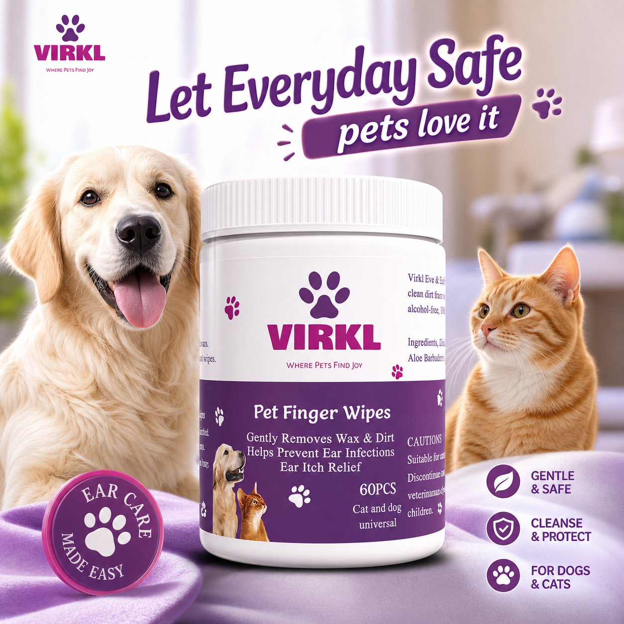 Finger Ear & Eye Cleaning Wipes - Gentle Soothing Wipes for Dogs & Cats